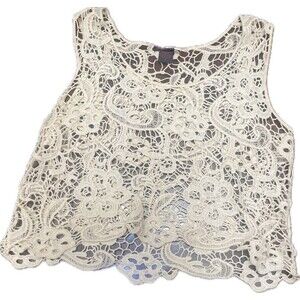 Imaginary Voyage Cream Crochet Lace Crop Top Small Sleeveless Boho Hippie Beach